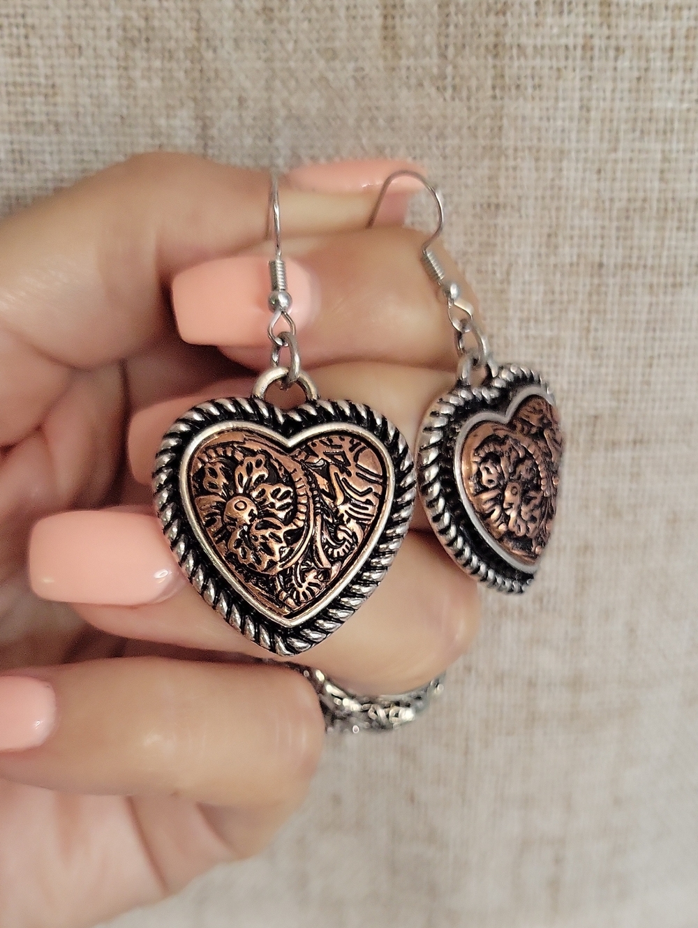 Heart-Shaped Two-Tone Filigree Drop Earrings - Copper and Silver